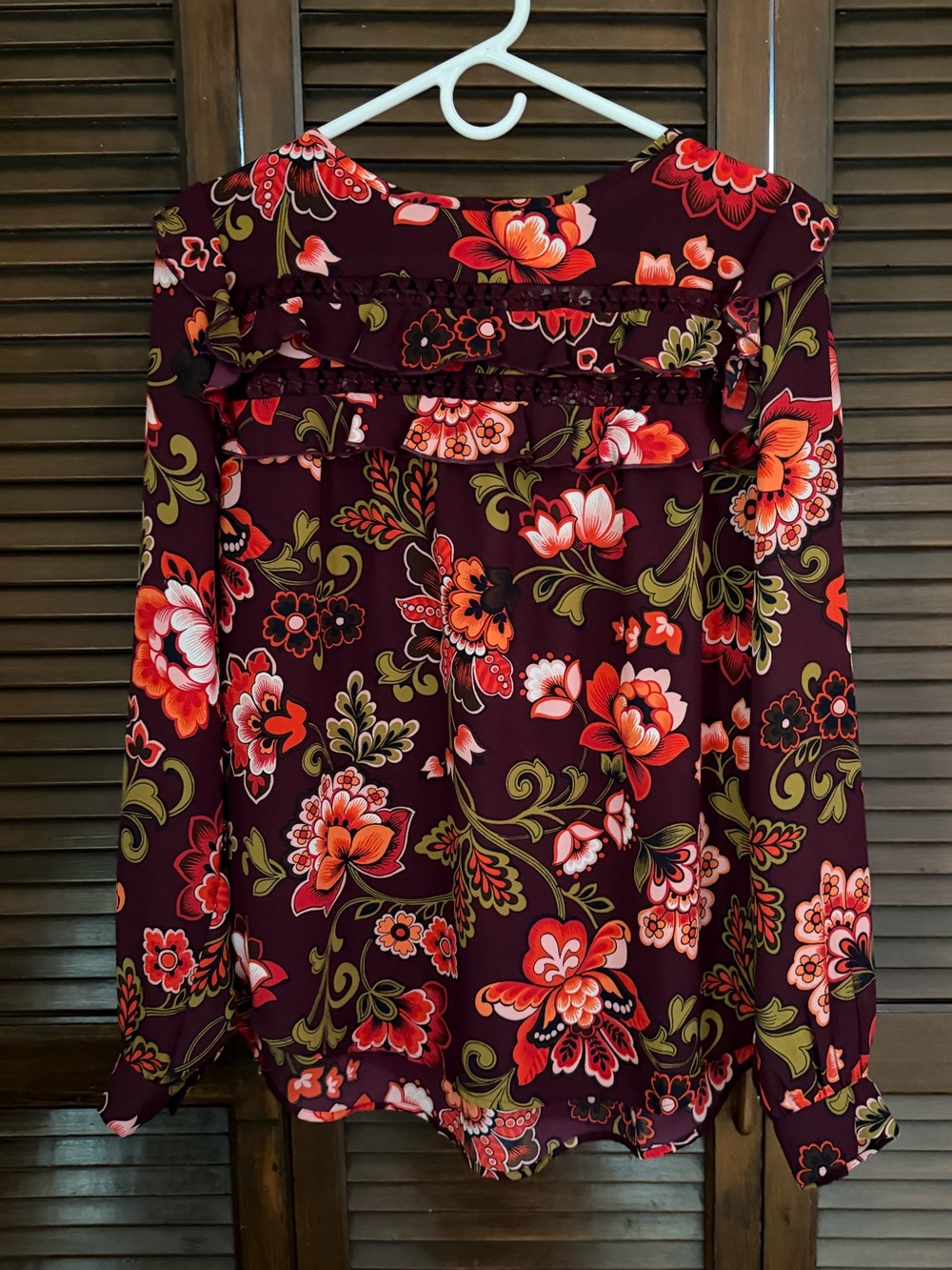 LOFT Burgundy Floral Blouse with Ruffle Shoulder